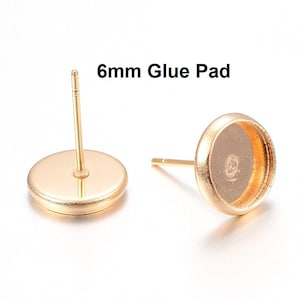 10 pcs. Stainless Steel Gold Plated Earring Posts Settings Bezels Cabochons Tacks- 6mm Glue Pad Setting - with Stoppers!