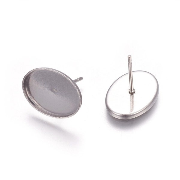 10 pcs. 304 Stainless Steel Silver Tone Earring Tacks Posts Studs Settings Bezels Cabochons - Oval - 14mm x 10mm Glue Pad Setting