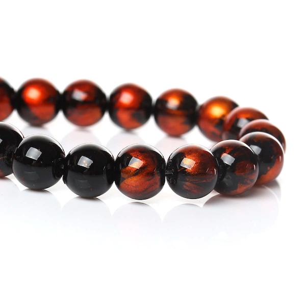 105 pcs Black and Orange Pearl Swirl Glass Round Loose Beads - 8mm - Hole Size: 1.5mm - 32" Strand