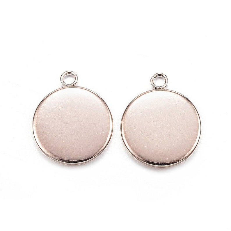10 pcs Hypoallergenic! 304 Stainless Steel Rose Gold Plated Circle Round Bezel Cabochon Pendant Tags Trays 10mm Glue Pad Single Loop