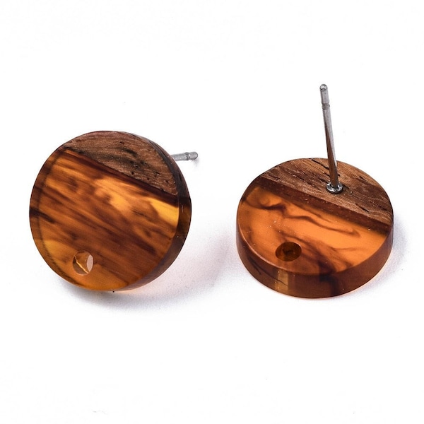 10 pcs. 304 Stainless Steel Earring Posts Studs Settings Cabochons Tacks - 14mm Diameter - Wood and Resin - Brown and Amber