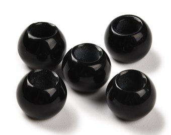 10 pcs Black Smooth Gemstone Natural Stone Round Spacer Beads - Agate - 12mm - Large Hole: 5.5mm - Fits European Cords and Paracord!