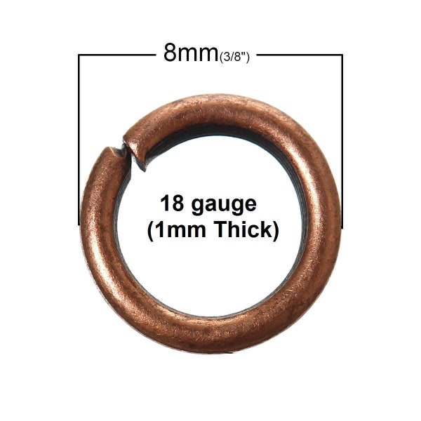 100 pcs Antique Copper Open Jump Rings - 8mm - 18 Gauge (1mm Thickness)