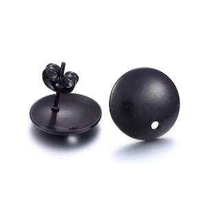 10 pcs. 304 Stainless Steel Half Round Earring Ball Posts with Hole - Black - 13mm x 2mm - Hole: 1.5mm - with Stoppers!