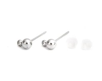 10 unidades (5 pares) de postes de bola para pendientes de acero inoxidable 304 con argolla - 16 mm x 6 mm - Tono plateado - Diámetro de la bola: 4 mm - Con topes