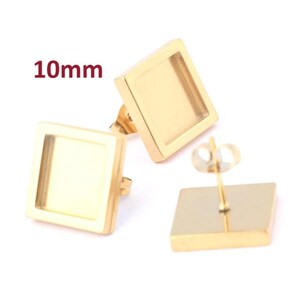 6 pcs. 304 Stainless Steel Gold Plated Square Earring Posts Studs Settings Bezels Cabochons Tacks- 10mm x 10mm Glue Pad Setting