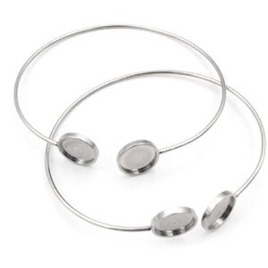 2 pcs. 316 Stainless Steel Open Cuff Adjustable Bangle Bezel Bracelet - 2 Settings - 12mm Glue Pad - Flat Bezel