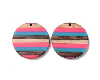 4 pcs. Brown, Pink and Blue Resin and Wood Round Flat Pendant - 30mm - (1.18") - Stripe Pattern - Great for Earrings and Necklaces!