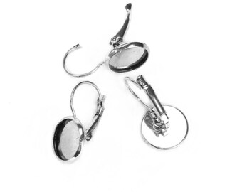 10 pcs. Silver Tone Earring Clips Settings Lever Back Bezels Cabochons - 10mm Glue Pad Setting