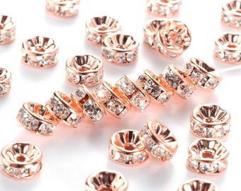 50 pcs Rose Gold Plated Clear Rhinestone Rondelle Spacer Beads - 8mm x 3.8mm - Grade AAA - Hole Size: 1.5mm - Crystal
