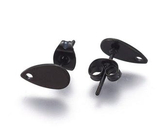 10 pcs (5 pairs) 304 Stainless Steel Teardrop Earring Posts/Bases/Studs/Settings with Backs - 10mm x 6mm - Hole for Dangles - Gunmetal Black