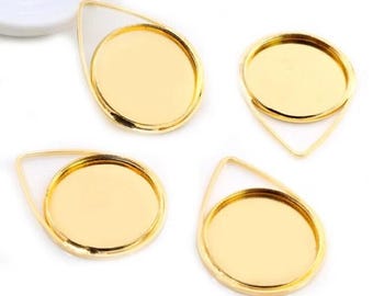 10 pcs. Gold Plated Pendant Circle Posts Settings Bezels Tray Cabochons - 20mm Glue Pad Setting (Cameo Setting Diameter) - Teardrop
