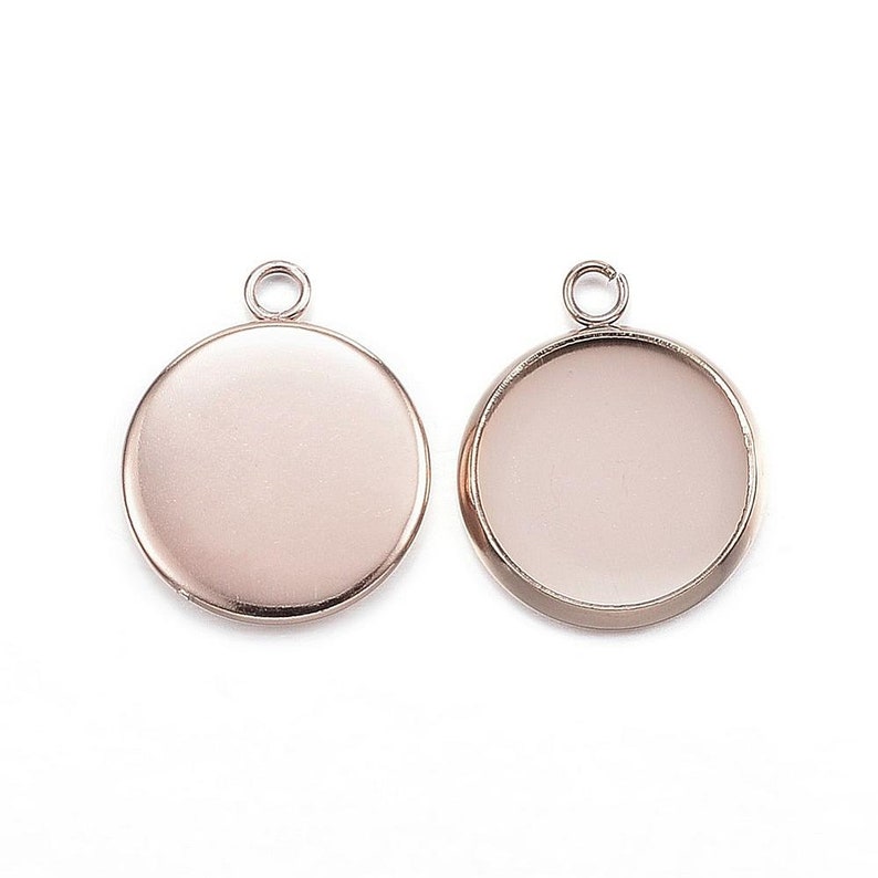 10 pcs Hypoallergenic! 304 Stainless Steel Rose Gold Plated Circle Round Bezel Cabochon Pendant Tags Trays 10mm Glue Pad Single Loop