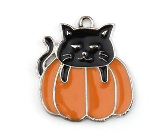 10 pcs. Silver Tone Halloween Orange Pumpkin Black Cat Enamel Charms - 21mm - Single Sided