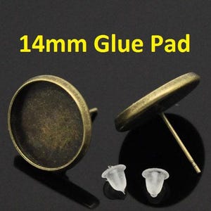 10 or 30 pcs. Antique Bronze Earring Posts Studs Settings Bezels Cabochons Tacks - 14mm Glue Pad Setting - Made of Copper