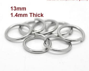 100 pcs 304 Stainless Steel Open Jump Rings 13mm - 15 Gauge (1.4mm Thick)  - THICK - HEAVY - High Quality - Hypoallergenic!