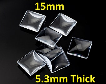 50 pcs. Square Clear Glass Dome Seals Tiles - 15mm - 5.3mm Thick