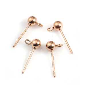 10 pcs. (5 pairs) 304 Stainless Steel Earring Ball Posts Settings with Loop - 15mm x 7mm - Rose Gold - 4mm Ball Diameter - Stoppers Included