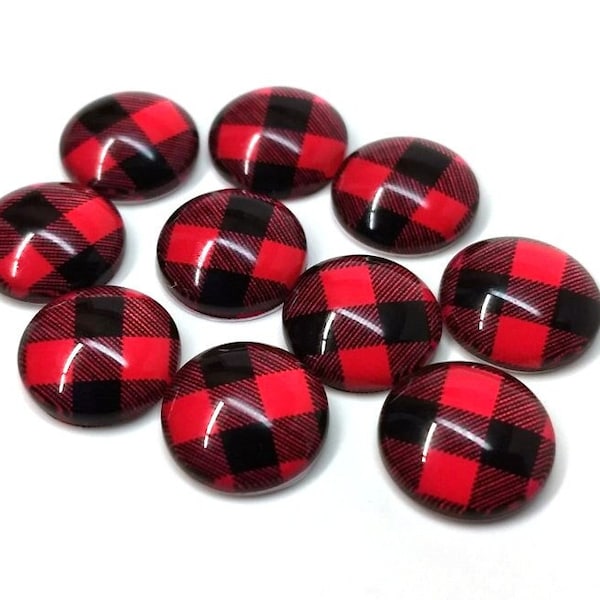 10 pièces Buffalo Check - Rouge et noir - Cabochons de tuiles rondes en verre rond en verre - 12 mm