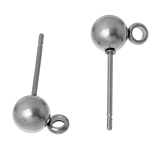 10 pcs. (5 pairs) 304 Stainless Steel Earring Ball Posts Settings with Loop - 17mm x 9mm - 6mm Ball Diameter -  Stoppers Included!