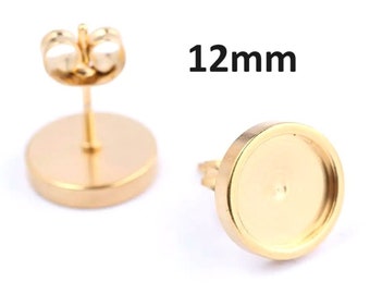 10 pcs. 304 Stainless Steel Gold Plated Earring Posts Settings Bezels Cabochons Tacks- 12mm Glue Pad Setting - with Stoppers! Flat Edge