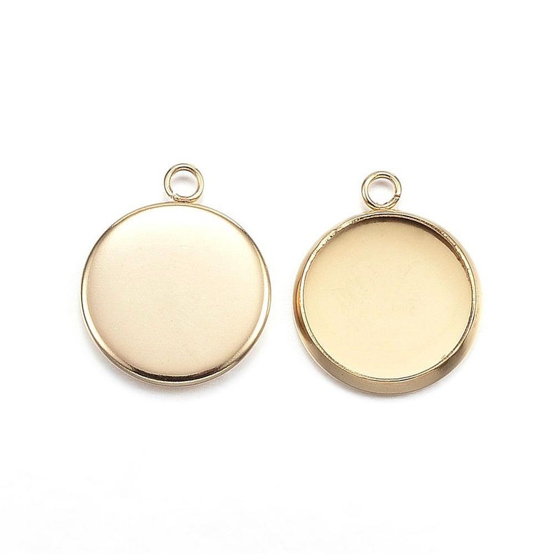 10 pcs Hypoallergenic! 304 Stainless Steel Gold Circle Round Bezel Cabochon Pendant Tags Trays 12mm Glue Pad Single Loop