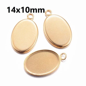 10 pcs. 304 Stainless Steel Oval Bezel Cabochon Pendant Tags Trays - 14mm x 10mm Glue Pad - Setting - Golden - Tarnish Resistant!