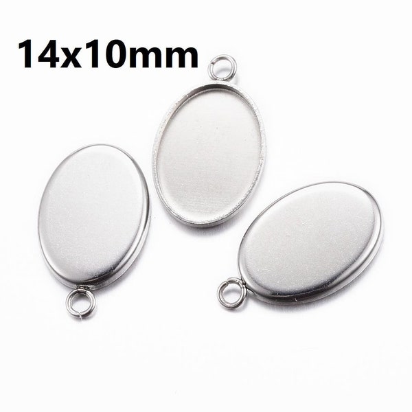 10 pcs. 304 Stainless Steel Oval Bezel Cabochon Pendant Tags Trays - 14mm x 10mm Glue Pad - Setting - Silver Tone - Tarnish Resistant!