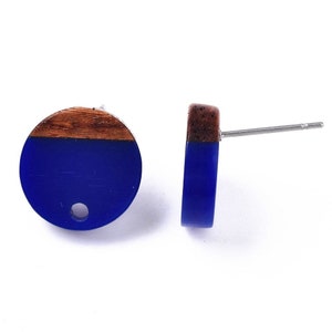 10 pcs. 304 Stainless Steel Earring Posts Studs Settings Cabochons Tacks - 14mm Diameter - Wood and Resin - Brown and Blue