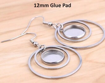 6 pcs. 304 Stainless Steel Silver Tone Earring Dangle Bezel Hooks with Rings - 12mm Glue Pad Settings