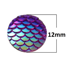 10 pcs Mermaid Fish Scales Resin Carved Embellishment Cabochons Purple AB - 12mm