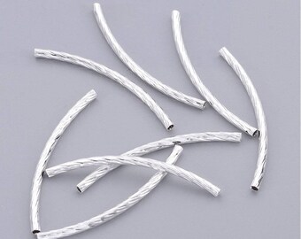 100 pcs. Silver Plated Noodle Twisted Textured Pattern Tube Long Thin Curved Beads - 35mm x 2mm (1.38" x 0.08") - Hole Size: 1mm