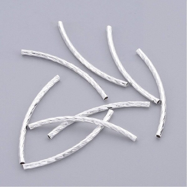 100 pcs. Silver Plated Noodle Twisted Textured Pattern Tube Long Thin Curved Beads - 35mm x 2mm (1.38" x 0.08") - Hole Size: 1mm