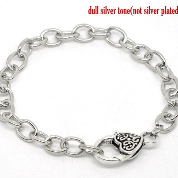 1 pc. Silver Tone Chain Link Bracelets with Heart Lobster Clasps - 7 7/8 in (20cm) - Style A - Claw Clasps
