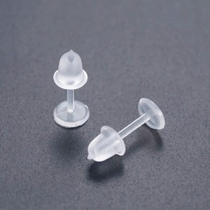 50 pcs (25 Pairs) Clear Plastic Earring Posts with Back Stoppers - 12mm x 5mm - 5mm Glue Pad Base