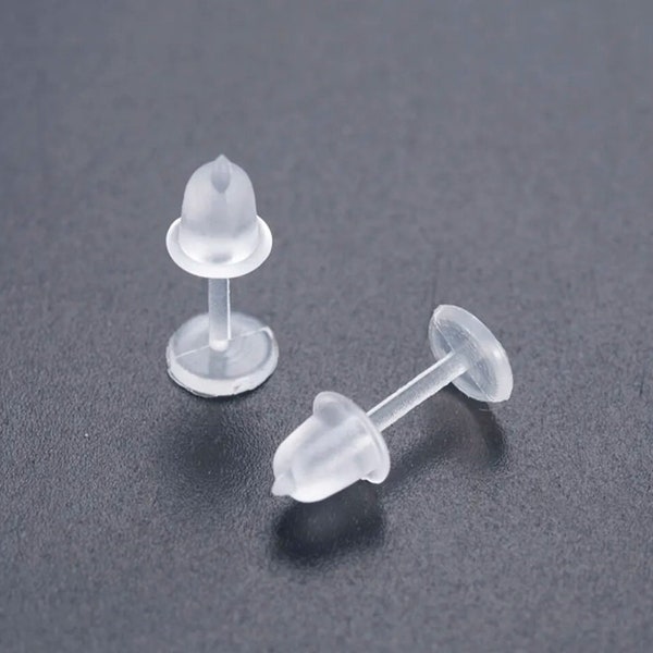 50 pcs (25 Pairs) Clear Plastic Earring Posts with Back Stoppers - 12mm x 5mm - 5mm Glue Pad Base