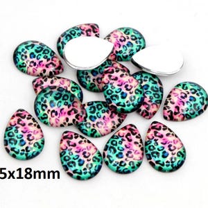 10 pcs Teardrop Leopard Glass Dome Seals Tiles Cabochons - 25mm x 18mm - Teal and Pink