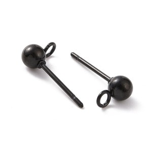 10 pcs. (5 pairs) 304 Stainless Steel Earring Ball Posts Settings with Loop - 15mm x 7mm -  Black - 4mm Ball Diameter - Stoppers Included!