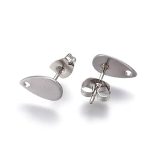 10 pcs. (5 pairs) 304 Stainless Steel Teardrop Earring Posts/Bases/Studs/Settings with Backs - 10mm x 6mm - Hole for Dangles - Silver Tone