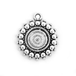 10 pcs. Antique Silver Circle Round Bezel Cabochon Pendant Tags Trays - 12mm Glue Pad Settings - Ball Frame Design