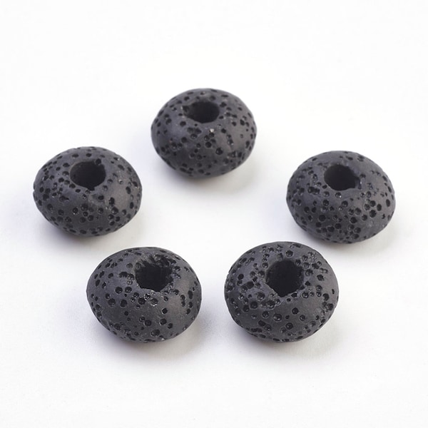 10 pcs. Unwaxed Black Lava Rondelle Spacer Beads - 15mm - Large Hole - Hole Size: 5mm - Fits European Cords!