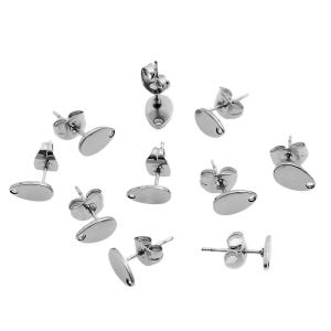 10 pcs. (5 pairs) 304 Stainless Steel Teardrop Earring Posts/Bases/Studs/Settings with Backs - 8mm x 5mm - Hole for Dangles - Silver Tone