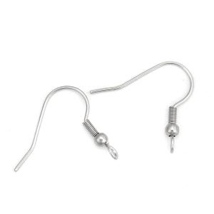 1000 pcs 304 Stainless Steel Silver Tone Earring Hooks with Spring and Ball - 22mm x 20mm - Hole Size: 2mm - Perpendicular Loop