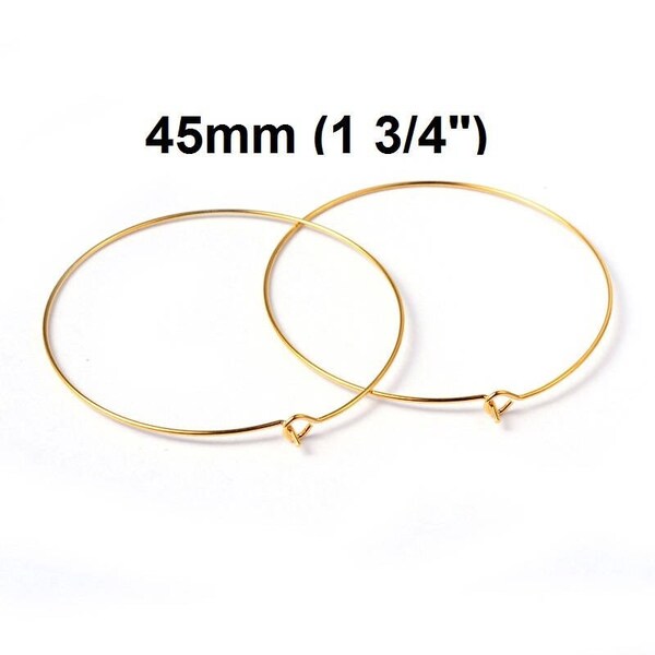 20 pcs. Gold Plated Wine Charm/Earwire Hoop Rings - 45mm (1 3/4 inch)  - 20 Gauge (0.8mm Thick)