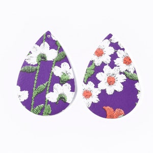 10 pcs. Purple, White and Orange Multicolor Floral Embroidered Faux Leather Dangle Charms Pendants - Teardrop - 55mm (2.17&quot;) - Double Sided