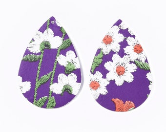 10 pcs. Purple, White and Orange Multicolor Floral Embroidered Faux Leather Dangle Charms Pendants - Teardrop - 55mm (2.17") - Double Sided