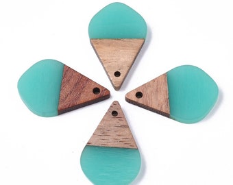 4 pcs. Teal Resin and Wood Teardrop Flat Pendant - 28mm x 18mm - (1.1" x 0.71") - SMALL - Great for Earrings and Necklaces!