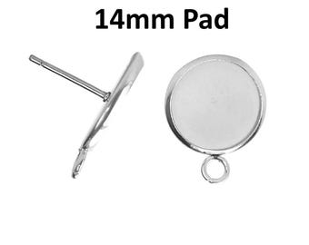 10 pcs. 304 Stainless Steel Silver Earring Posts Studs Settings Bezels Cabochons Tacks with Loop - 14mm Glue Pad Setting - Parallel Loop