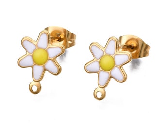 10 pcs. 304 Stainless Steel Gold Plated Daisy Floral Earring Ball Posts with Loop - White Enamel - 12.5mm x 9mm - Hole: 1mm - with Stoppers