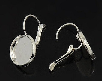 10 pcs. Silver Plated Earring Clips Settings Lever Back Bezels Cabochons - 14mm Glue Pad Setting